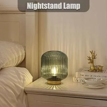 WESJO Battery Operated Table Lamp with LED Bulb, Cordless Decorative Glass Beside Lamp for Bedroom Living Room Hallway Green