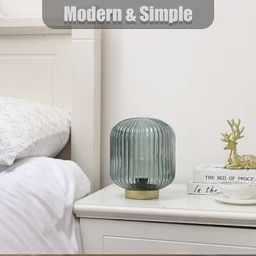 WESJO Battery Operated Table Lamp with LED Bulb, Cordless Decorative Glass Beside Lamp for Bedroom Living Room Hallway Green