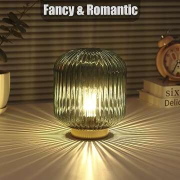 WESJO Battery Operated Table Lamp with LED Bulb, Cordless Decorative Glass Beside Lamp for Bedroom Living Room Hallway Green