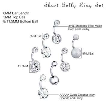 FUNRUN JEWELRY 7PCS 14G 6MM 1/4 Inch 316L Surgical Steel Belly Button Rings Belly Earring CZ Navel R...