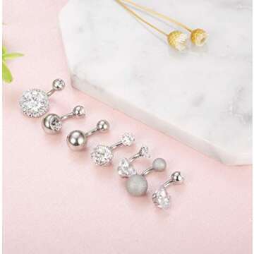 FUNRUN JEWELRY 7PCS 14G 6MM 1/4 Inch 316L Surgical Steel Belly Button Rings Belly Earring CZ Navel Rings Barbell Body Piercing Jewelry (A:Silver tone)