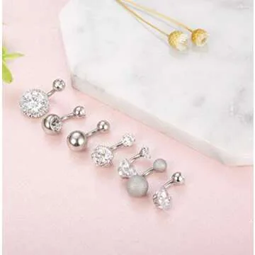 FUNRUN JEWELRY 7PCS 14G 6MM 1/4 Inch 316L Surgical Steel Belly Button Rings Belly Earring CZ Navel Rings Barbell Body Piercing Jewelry (A:Silver tone)