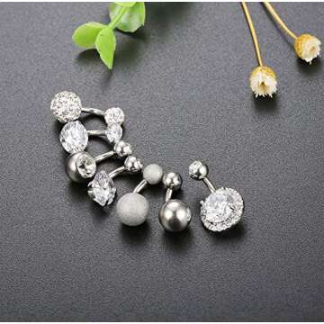 FUNRUN JEWELRY 7PCS 14G 6MM 1/4 Inch 316L Surgical Steel Belly Button Rings Belly Earring CZ Navel Rings Barbell Body Piercing Jewelry (A:Silver tone)
