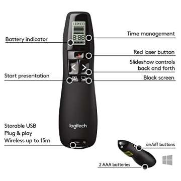 Logitech Professional Presenter R800, Wireless Presentation Clicker Remote with Green Laser Pointer and LCD Display , Black