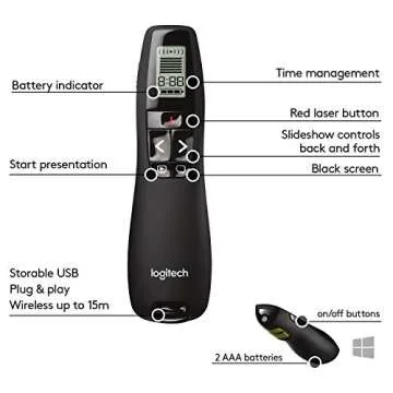 Logitech Professional Presenter R800, Wireless Presentation Clicker Remote with Green Laser Pointer and LCD Display , Black