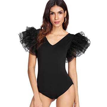 ROMWE Women's V Neck Ruffle Mesh Sleeve Stretchy Party Romper Bodysuit Black M