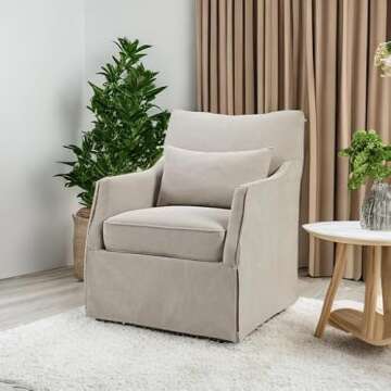 Martha Stewart London Swivel Chair - Solid Wood & Plywood, Skirted Metal Base Accent Armchair, Lumbar Pillow -Modern Classic Family Room Sofa Furniture Bedroom Lounge, 28"X31.5"X35.25", Beige