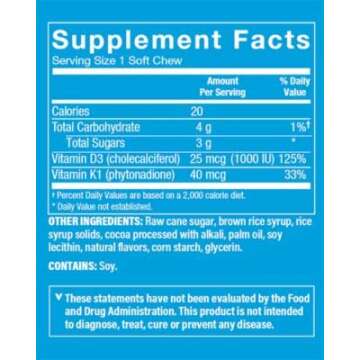 The Vitamin Shoppe D3 1,000IU - Chocolate Flavored Chews, Supports Bone & Immune Health, Aids in Cellular Growth & Calcium Absorption, Gluten Free & Once Daily Formula (60 Soft Chews)