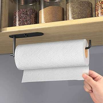 HUFEEOH Adhesive Paper Towel Holder Under Cabinet Wall Mount for Kitchen Paper Towel, Stainless Steel Paper Towel Roll Rack for Bathroom Towel (13 1/5inch, Black)