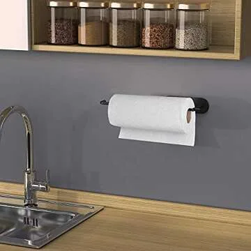 HUFEEOH Adhesive Paper Towel Holder Under Cabinet Wall Mount for Kitchen Paper Towel, Stainless Steel Paper Towel Roll Rack for Bathroom Towel (13 1/5inch, Black)