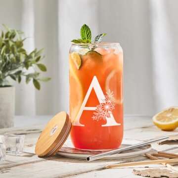 Elysine Initial Glass Cup 16oz, Monogrammed Gifts for Women, Glass Can Cup w/Bamboo Lid Straw,Person...