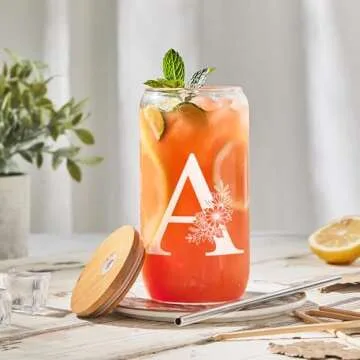 Elysine Initial Glass Cup 16oz, Monogrammed Gifts for Women, Glass Can Cup w/Bamboo Lid Straw,Person...
