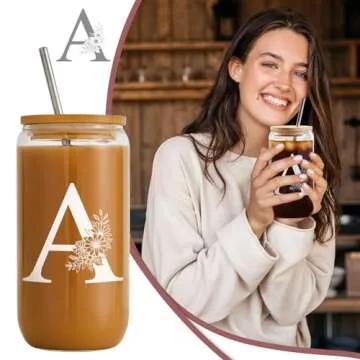 Elysine Initial Glass Cup 16oz, Monogrammed Gifts for Women, Glass Can Cup w/Bamboo Lid Straw,Personalized Valentines Mother Day Birthday Gifts for Women, Mom, Wife, Girlfriend, Sister, Friends, A