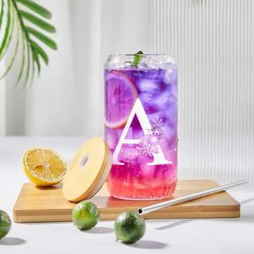 Elysine Initial Glass Cup 16oz, Monogrammed Gifts for Women, Glass Can Cup w/Bamboo Lid Straw,Personalized Valentines Mother Day Birthday Gifts for Women, Mom, Wife, Girlfriend, Sister, Friends, A
