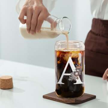 Elysine Initial Glass Cup 16oz, Monogrammed Gifts for Women, Glass Can Cup w/Bamboo Lid Straw,Personalized Valentines Mother Day Birthday Gifts for Women, Mom, Wife, Girlfriend, Sister, Friends, A