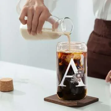 Elysine Initial Glass Cup 16oz, Monogrammed Gifts for Women, Glass Can Cup w/Bamboo Lid Straw,Personalized Valentines Mother Day Birthday Gifts for Women, Mom, Wife, Girlfriend, Sister, Friends, A