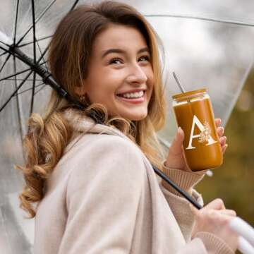 Elysine Initial Glass Cup 16oz, Monogrammed Gifts for Women, Glass Can Cup w/Bamboo Lid Straw,Personalized Valentines Mother Day Birthday Gifts for Women, Mom, Wife, Girlfriend, Sister, Friends, A