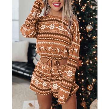 Zaxicht Womens Snowflake Printed Christmas Pajamas Set, Casual Long Sleeve with Shorts Lounge Set 2 Piece Knit Pjs Sleepwear (Brown, S)