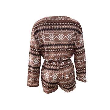 Zaxicht Womens Snowflake Printed Christmas Pajamas Set, Casual Long Sleeve with Shorts Lounge Set 2 Piece Knit Pjs Sleepwear (Brown, S)