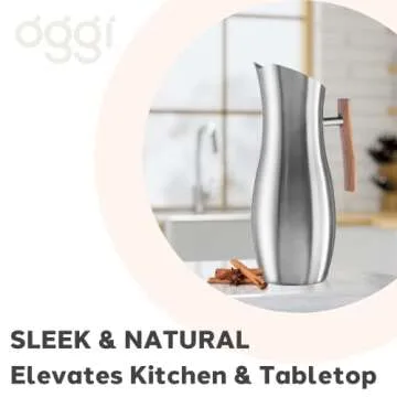OGGI Slimline Stainless Steel Pitcher- Stainless Steel Water Pitcher w/Ice Guard, Water Carafe, Great Metal Pitcher for Entertaining, Ideal 68oz / 2 Lt Drink Pitcher