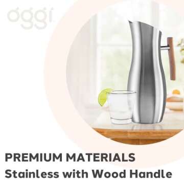 OGGI Slimline Stainless Steel Pitcher- Stainless Steel Water Pitcher w/Ice Guard, Water Carafe, Great Metal Pitcher for Entertaining, Ideal 68oz / 2 Lt Drink Pitcher