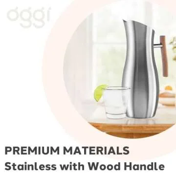 OGGI Slimline Stainless Steel Pitcher- Stainless Steel Water Pitcher w/Ice Guard, Water Carafe, Great Metal Pitcher for Entertaining, Ideal 68oz / 2 Lt Drink Pitcher