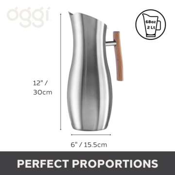 OGGI Slimline Stainless Steel Pitcher- Stainless Steel Water Pitcher w/Ice Guard, Water Carafe, Great Metal Pitcher for Entertaining, Ideal 68oz / 2 Lt Drink Pitcher