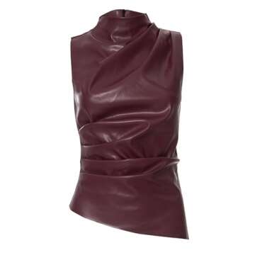 BAIMORE Women's Street Solid Mock Neck Sleeveless PU Leather Pleated Slim Fit Tank Top Wine Red