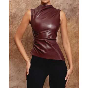BAIMORE Women's Street Solid Mock Neck Sleeveless PU Leather Pleated Slim Fit Tank Top Wine Red