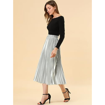 Allegra K Stylish Silver Accordion Pleated Midi Skirt