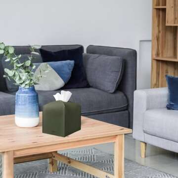 PARIERIS Tissue Box Cover Holder Square Tissue Cube Cover PU Leather Tissue Organizer with Bottom Be...