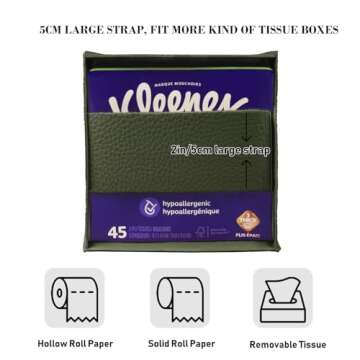 PARIERIS Tissue Box Cover Holder Square Tissue Cube Cover PU Leather Tissue Organizer with Bottom Belt for Bathroom, Tabletop, Car, Night Stands, Office, Home, Kitchen (1, OliveGreen)