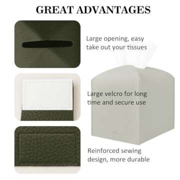 PARIERIS Tissue Box Cover Holder Square Tissue Cube Cover PU Leather Tissue Organizer with Bottom Belt for Bathroom, Tabletop, Car, Night Stands, Office, Home, Kitchen (1, OliveGreen)