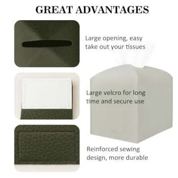 PARIERIS Tissue Box Cover Holder Square Tissue Cube Cover PU Leather Tissue Organizer with Bottom Belt for Bathroom, Tabletop, Car, Night Stands, Office, Home, Kitchen (1, OliveGreen)