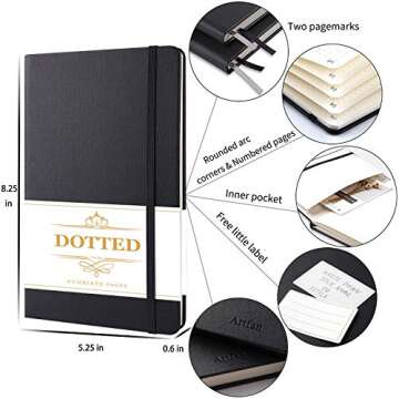 Bullet Dotted Journal - Numbered & Index Pages with Label, 5.25" x 8.25", Thick Paper with Inner Pocket & 2 Bookmarks, Hard Cover Notebook, Smooth Faux Leather - Black by Artfan