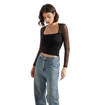 SUUKSESS Women Sexy Mesh Long Sleeve Tops Trendy Square Neck Going Out Slimming T Shirts (Black,XS)