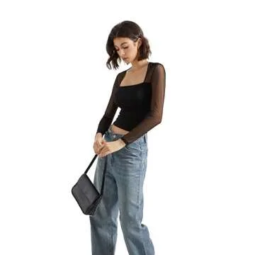 SUUKSESS Women Sexy Mesh Long Sleeve Tops Trendy Square Neck Going Out Slimming T Shirts (Black,XS)
