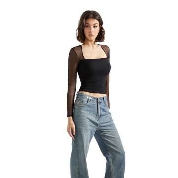 SUUKSESS Women Sexy Mesh Long Sleeve Tops Trendy Square Neck Going Out Slimming T Shirts (Black,XS)