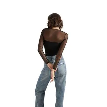 SUUKSESS Women Sexy Mesh Long Sleeve Tops Trendy Square Neck Going Out Slimming T Shirts (Black,XS)