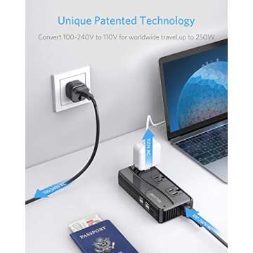 BESTEK 250W Power Converter 3-Outlet and 4-Port USB Travel Voltage Transformer 220V to 110V with Type G/D/M/AU/US Travel Plug Adapters