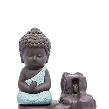 Incense Burner Waterfall Backflow Holder Buddha Monk Green Ceramic