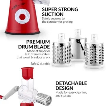 Zulay Kitchen Hand Crank Cheese Grater with 3 Blades