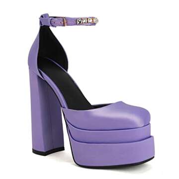 THESHY Womens Platform Chunky High Block Heels Ankle Strap Buckles Wedge Dress Pumps Fashion Shoes for Women Purple