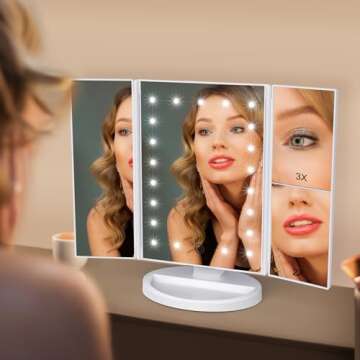 WEILY Makeup Vanity Mirror with 21 LED Lights and Touch Screen, Tri-Fold 1x 2X 3X Magnification,180?...