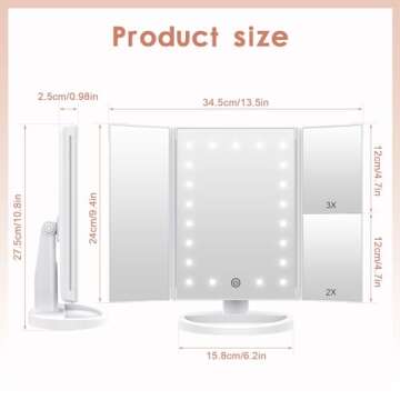 WEILY Makeup Vanity Mirror with 21 LED Lights and Touch Screen, Tri-Fold 1x 2X 3X Magnification,180° Adjustable Rotation and USB Powered,Countertop Cosmetic Mirror (White)
