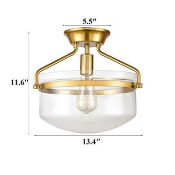YUBOLE Modern Mid-Century Gold Clear Glass Ceiling Lights Brass 14" Wide Semi Flush Mount Ceiling Lighting Fixture for Bedroom Kitchen Hallway Bathroom