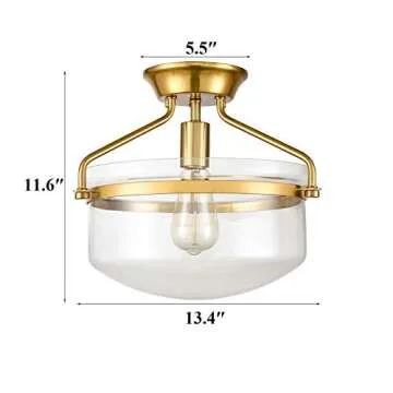 YUBOLE Modern Mid-Century Gold Clear Glass Ceiling Lights Brass 14" Wide Semi Flush Mount Ceiling Lighting Fixture for Bedroom Kitchen Hallway Bathroom