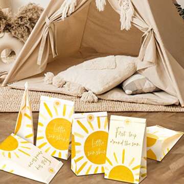 G1ngtar 24Pcs Boho Sun First Trip Around The Sun Party Favor Bags with Hippie Rainbow Little Sunshine Stickers You are My Sunshine First Birthday Party Decoration Supplies for Boys Girls