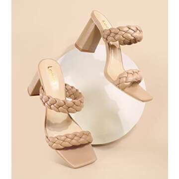Leevar Braided Sandals for Women - Stylish Square Toe Heels Nude Womens Block Heel 3 inches Woven Chunky Heels, Nude, Size 8