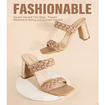 Leevar Braided Sandals for Women - Stylish Square Toe Heels Nude Womens Block Heel 3 inches Woven Chunky Heels, Nude, Size 8